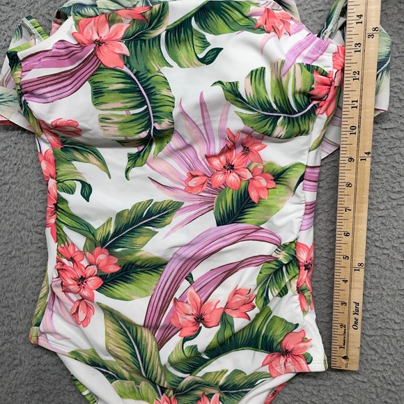 Kona Sol One Piece Swim Suit Womens Small Pink Tropical High Coverage Ruffle Top - Picture 9 of 11